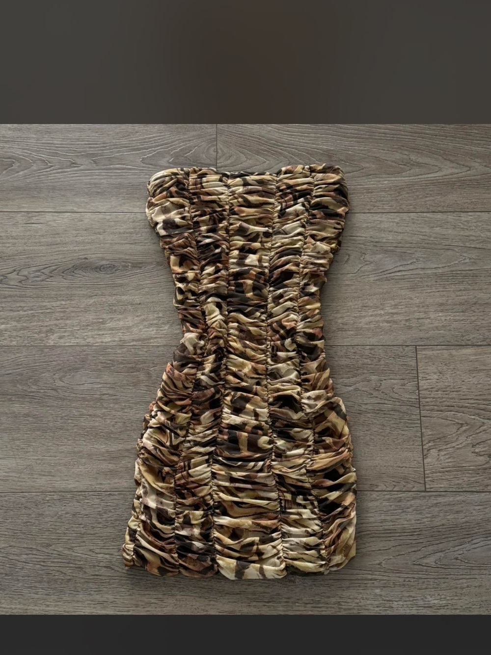 Topshop Strapless Ruched Mini Dress in Brown Camo Print
